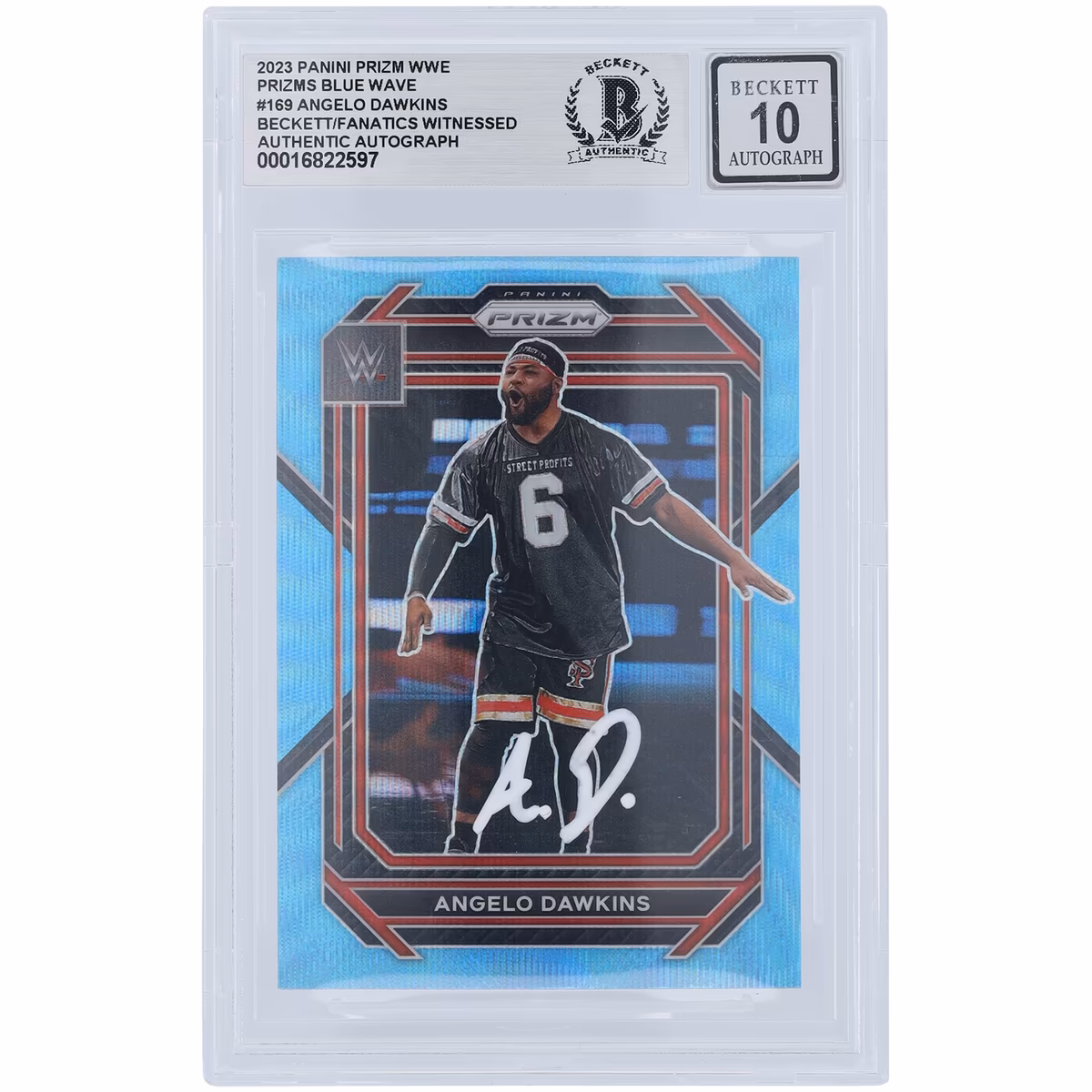 Angelo Dawkins WWE Autographed 2023 Panini Prizm Blue Wave Prizm White Ink #169 Beckett Fanatics Witnessed Authenticated 10 Card 1 Angelo Dawkins WWE Autographed 2023 Panini Prizm Blue Wave Prizm White Ink #169 Beckett Fanatics Witnessed Authenticated 10 Card