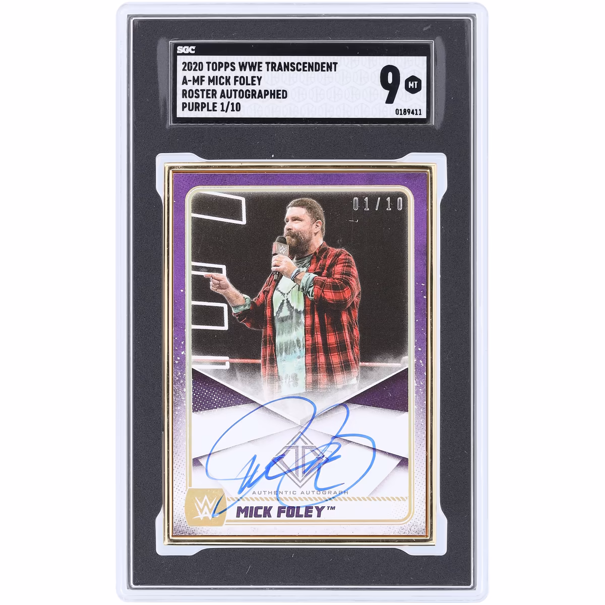 Mick Foley WWE Autographed 2020 Topps Transcendent Purple Gold Framed Roster #A-MF #1/10 SGC Authenticated 9 Card