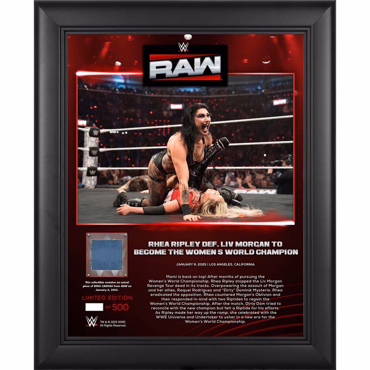 Rhea Ripley WWE Framed 13" x 16" RAW January 6, 2025 Collage with a Piece of Match-Used Canvas - Limited Edition of 500