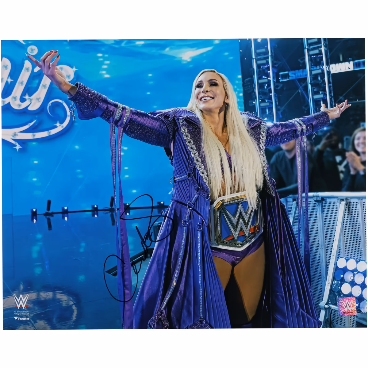Charlotte Flair WWE Autographed 16" x 20" Entrance with Title Photograph - Signed in Black Ink