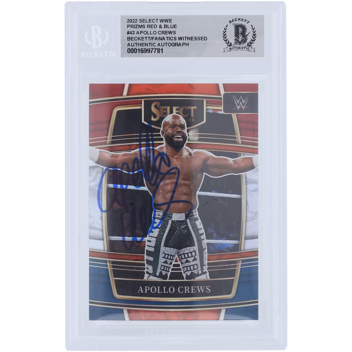 Apollo Crews WWE Autographed 2022 Panini Select Red & Blue Prizm #43 Beckett Fanatics Witnessed Authenticated Card
