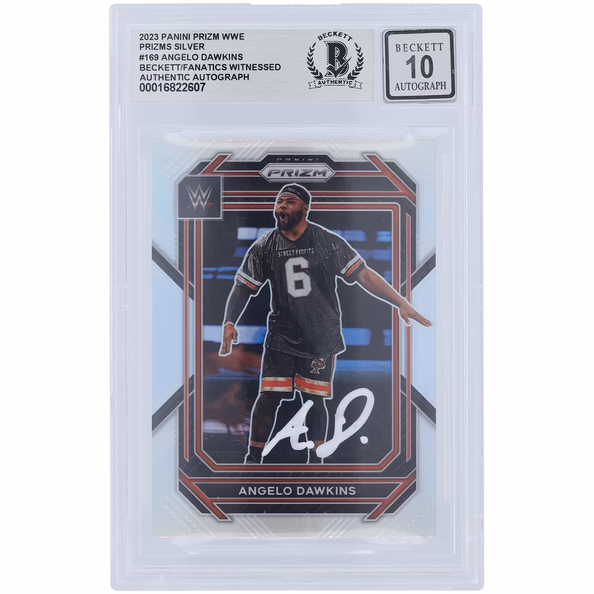 Angelo Dawkins WWE Autographed 2023 Panini Prizm Silver Prizm White Ink #169 Beckett Fanatics Witnessed Authenticated 10 Card 4 Angelo Dawkins WWE Autographed 2023 Panini Prizm Silver Prizm White Ink #169 Beckett Fanatics Witnessed Authenticated 10 Card