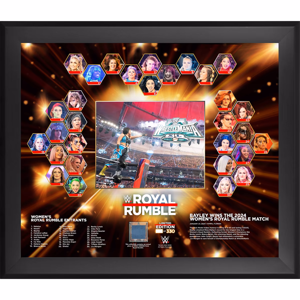 Bayley WWE Framed 20" x 24" 2024 Women's Royal Rumble Match Collage with a Piece of Match-Used Canvas - Limited Edition of 330