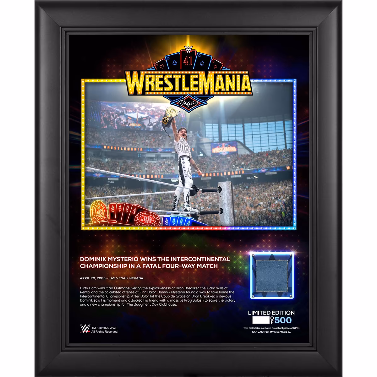 Dominik Mysterio WWE Framed 13" x 16" WrestleMania 41 Night 2 Collage with a Piece of Match-Used Canvas - Limited Edition of 500
