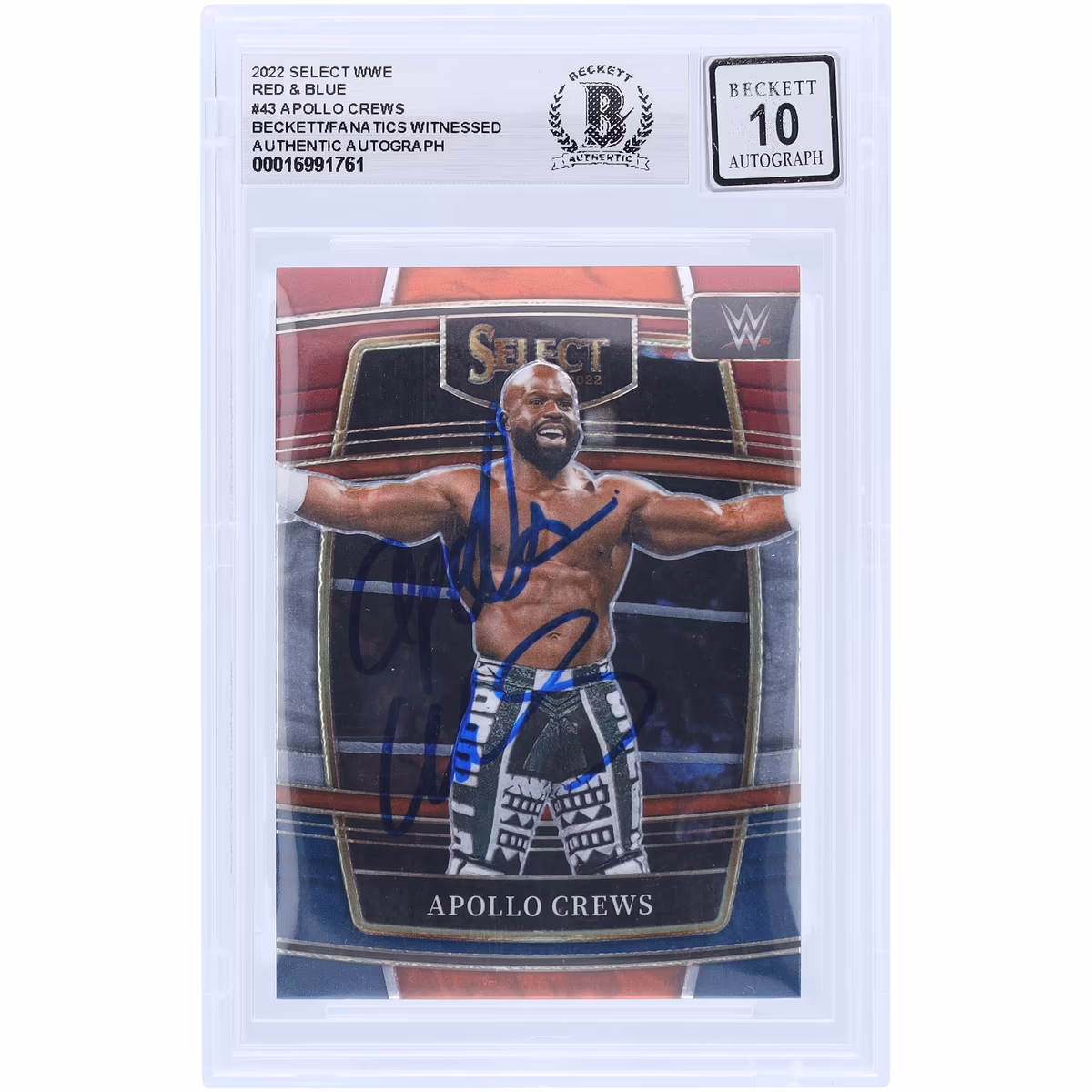 Apollo Crews WWE Autographed 2022 Panini Select Red & Blue #43 Beckett Fanatics Witnessed Authenticated 10 Card
