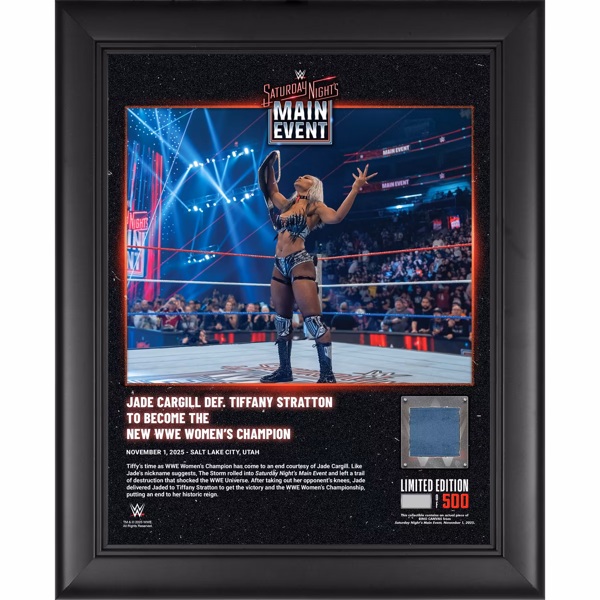 Jade Cargill WWE Framed 13" x 16" Saturday Night's Main Event November 1, 2025 Collage with a Piece of Match-Used Canvas - Limited Edition of 500