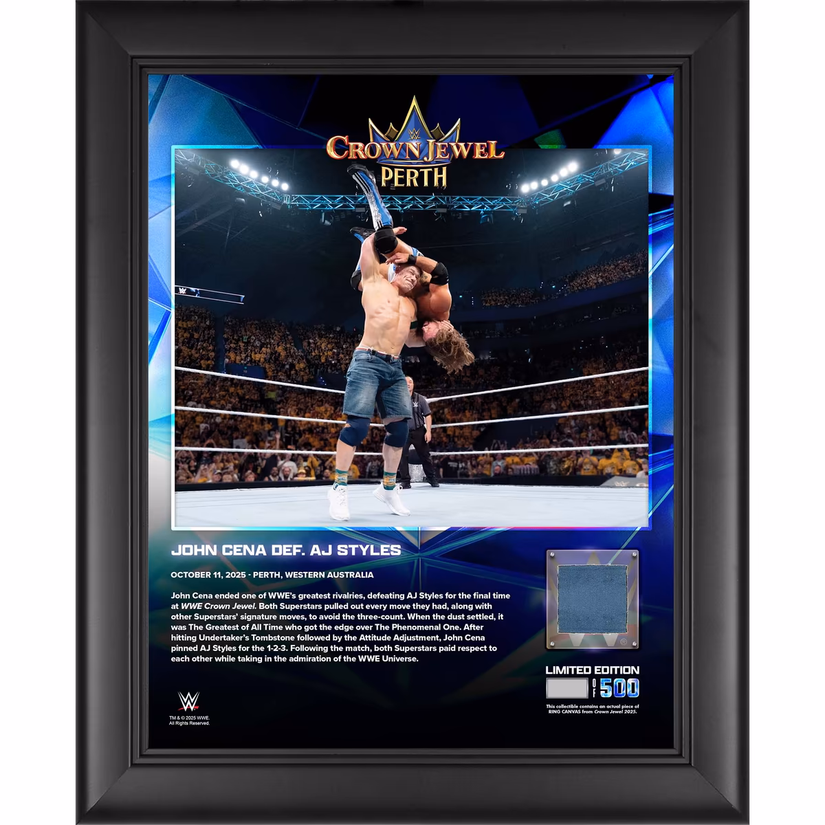 John Cena WWE Framed 13" x 16" 2025 Crown Jewel Collage with a Piece of Match-Used Canvas - Limited Edition of 500 8 John Cena WWE Framed 13" x 16" 2025 Crown Jewel Collage with a Piece of Match-Used Canvas - Limited Edition of 500