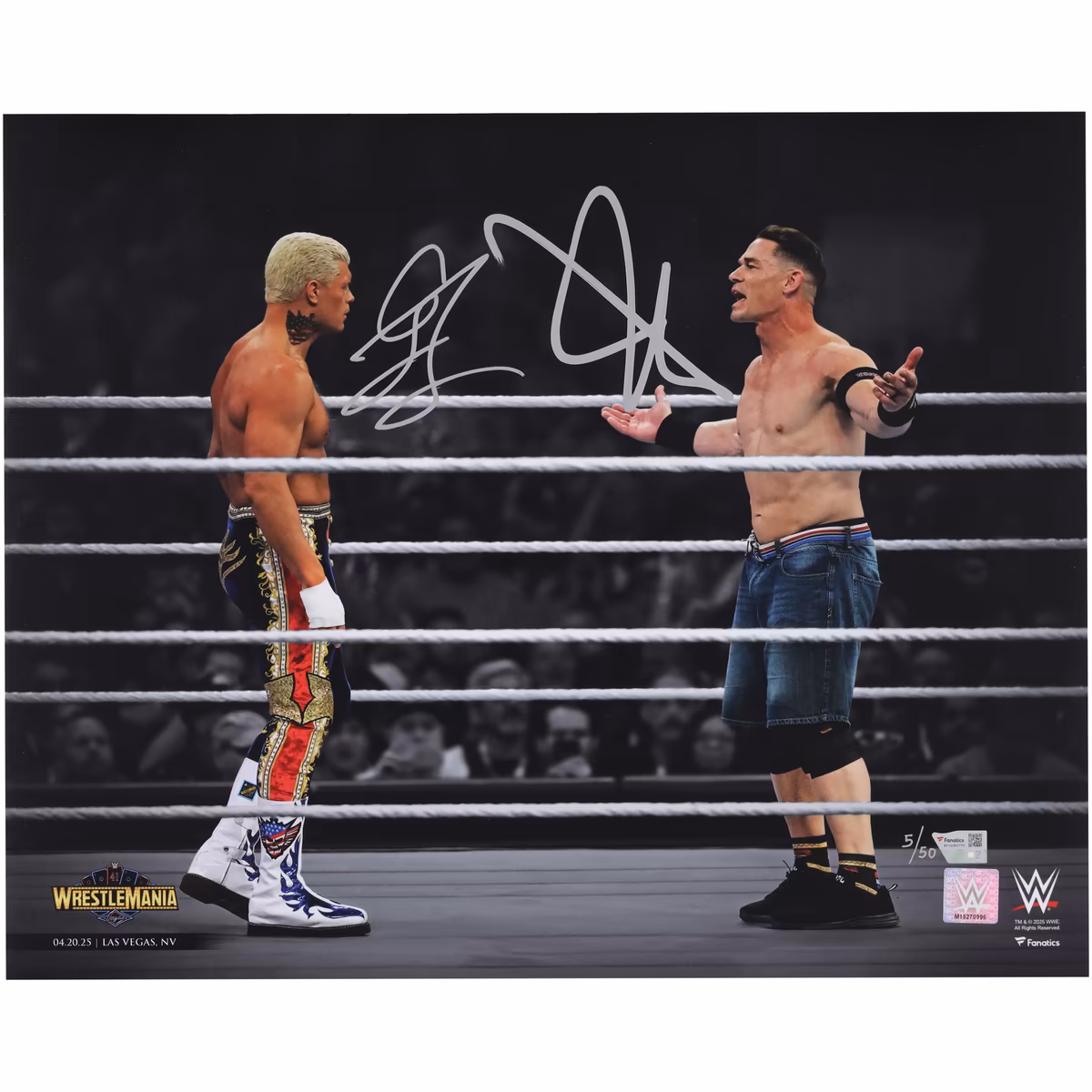 John Cena & Cody Rhodes WWE Autographed 16" x 20" WrestleMania 41 Staredown Photograph - Limited Edition of 50 1 John Cena & Cody Rhodes WWE Autographed 16" x 20" WrestleMania 41 Staredown Photograph - Limited Edition of 50