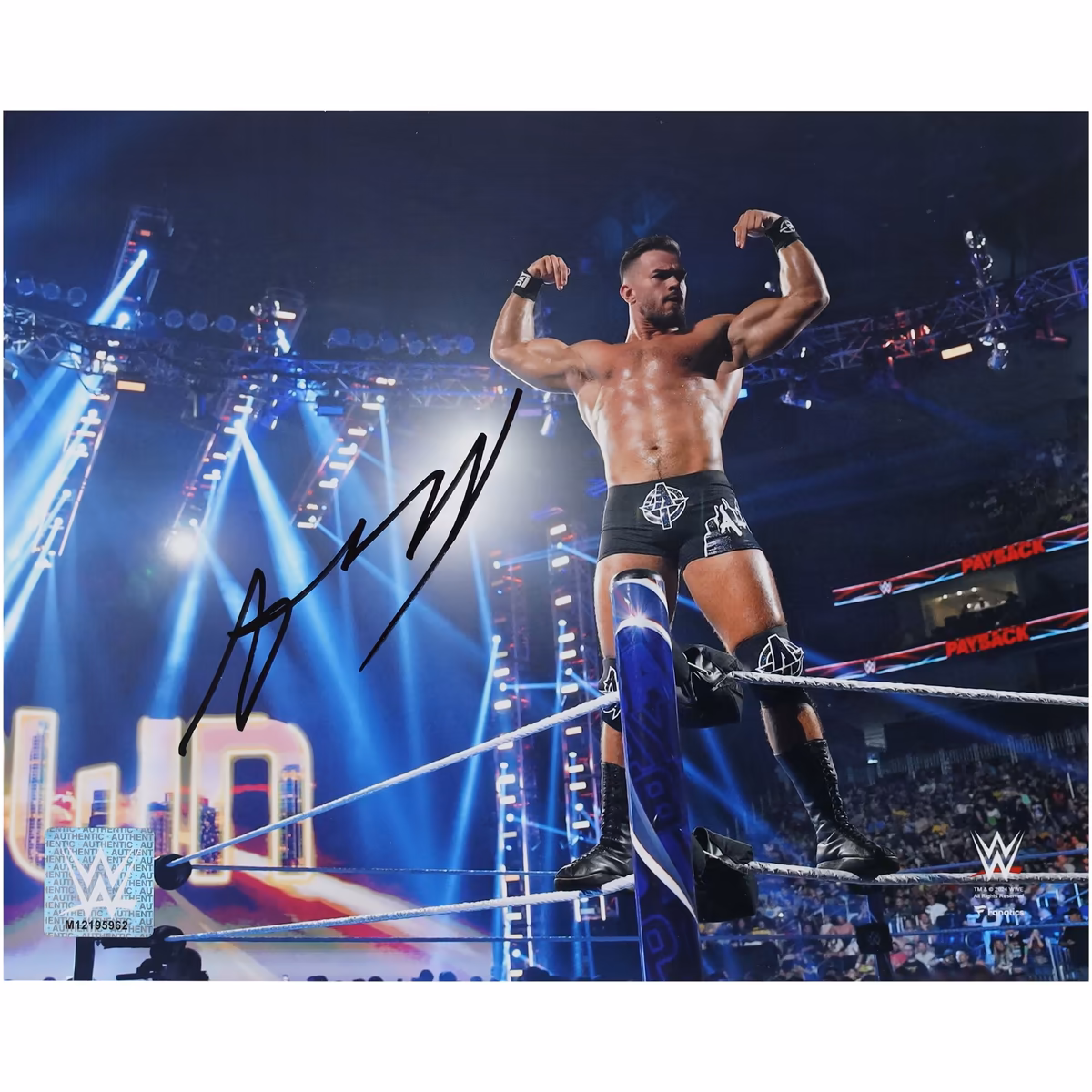 Austin Theory WWE Autographed 8" x 10" On Ropes Flexing Photograph