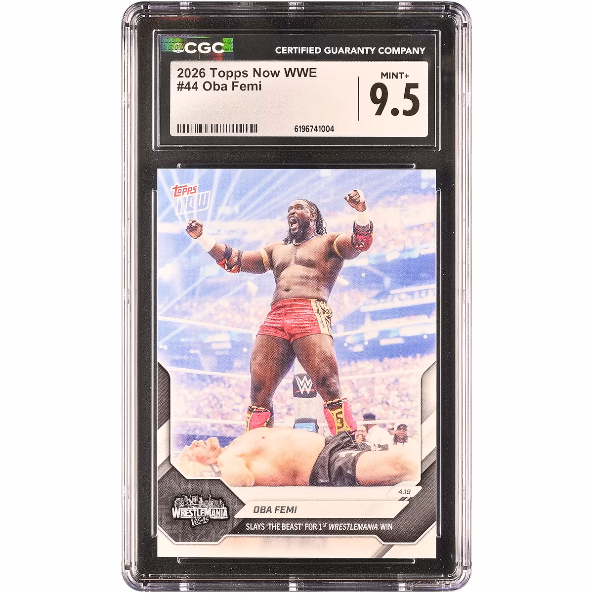 Oba Femi WWE 2026 Topps Now WWE Slays 'The Beast' For 1st WrestleMania Win #44 CGC Authenticated MINT+ 9.5 Card 2 Oba Femi WWE 2026 Topps Now WWE Slays 'The Beast' For 1st WrestleMania Win #44 CGC Authenticated MINT+ 9.5 Card
