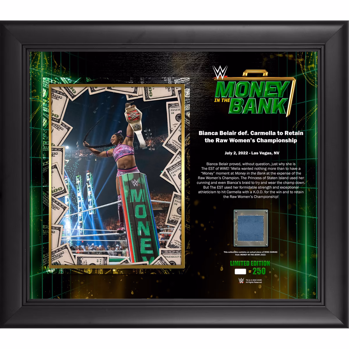 Bianca Belair Framed 15'' x 17'' 2022 Money in the Bank Collage with a Piece of Match-Used Canvas - Limited Edition of 250 2 Bianca Belair Framed 15'' x 17'' 2022 Money in the Bank Collage with a Piece of Match-Used Canvas - Limited Edition of 250