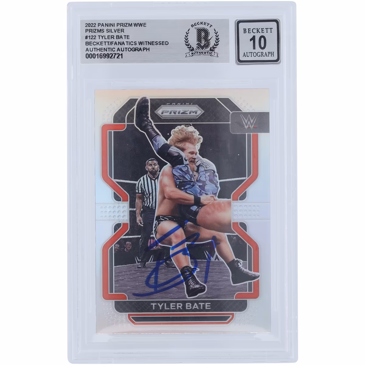 Tyler Bate WWE Autographed 2022 Panini Prizm Silver Prizm #122 Beckett Fanatics Witnessed Authenticated 10 Card 1 Tyler Bate WWE Autographed 2022 Panini Prizm Silver Prizm #122 Beckett Fanatics Witnessed Authenticated 10 Card