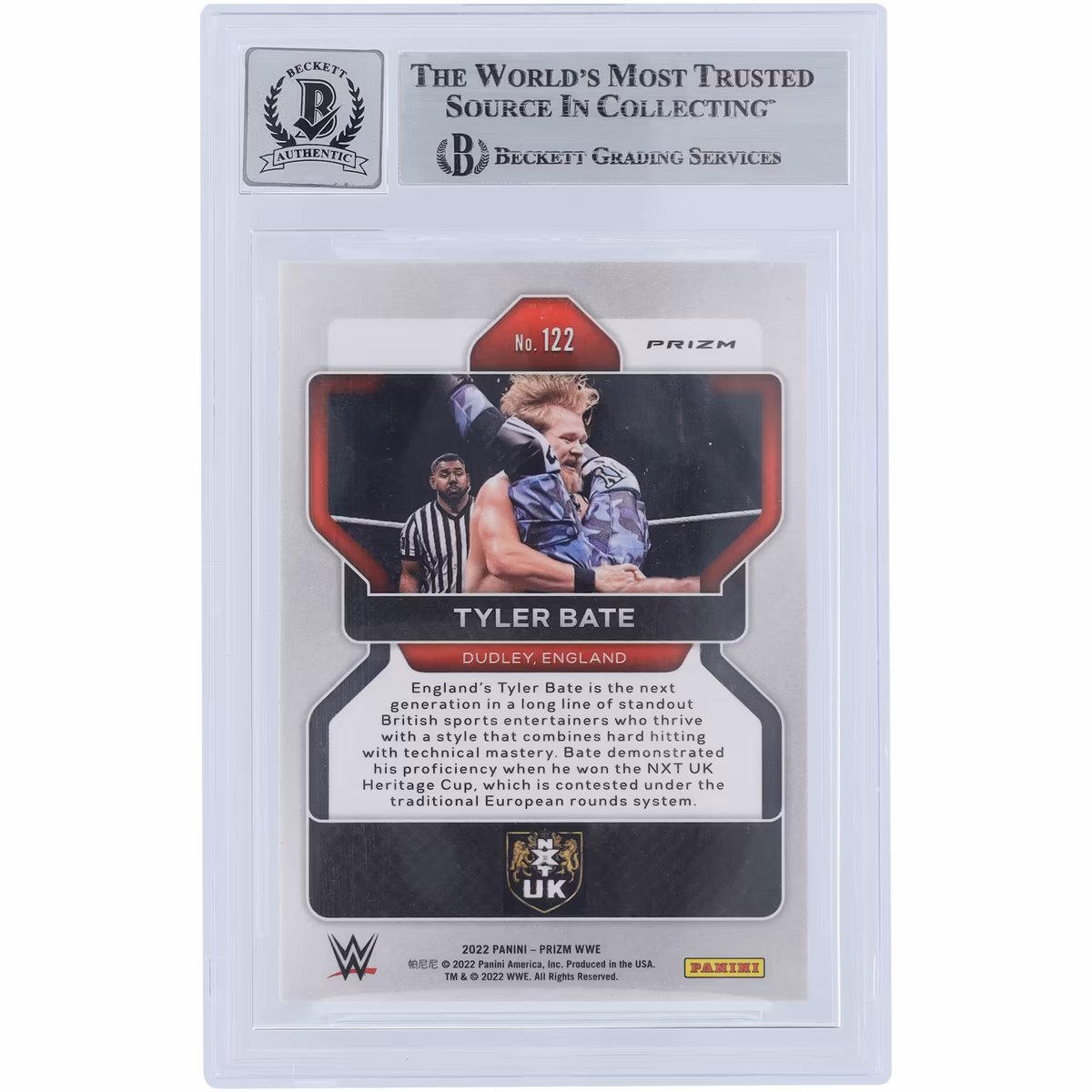 Tyler Bate WWE Autographed 2022 Panini Prizm Silver Prizm #122 Beckett Fanatics Witnessed Authenticated 10 Card 3 Tyler Bate WWE Autographed 2022 Panini Prizm Silver Prizm #122 Beckett Fanatics Witnessed Authenticated 10 Card