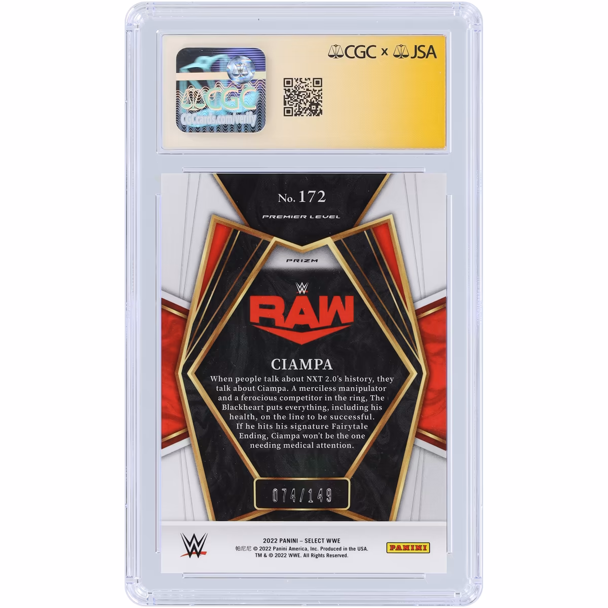 Tommaso Ciampa WWE Autographed 2022 Panini Select Maroon Prizm #172 #/149 CGC Fanatics Witnessed Authenticated Card 3 Tommaso Ciampa WWE Autographed 2022 Panini Select Maroon Prizm #172 #/149 CGC Fanatics Witnessed Authenticated Card