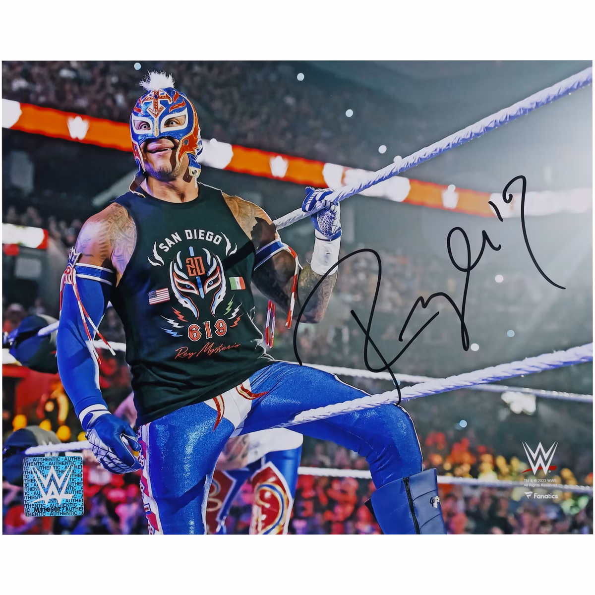 Rey Mysterio WWE Autographed 8" x 10" Sitting on the Ropes in Blue Gear Photograph