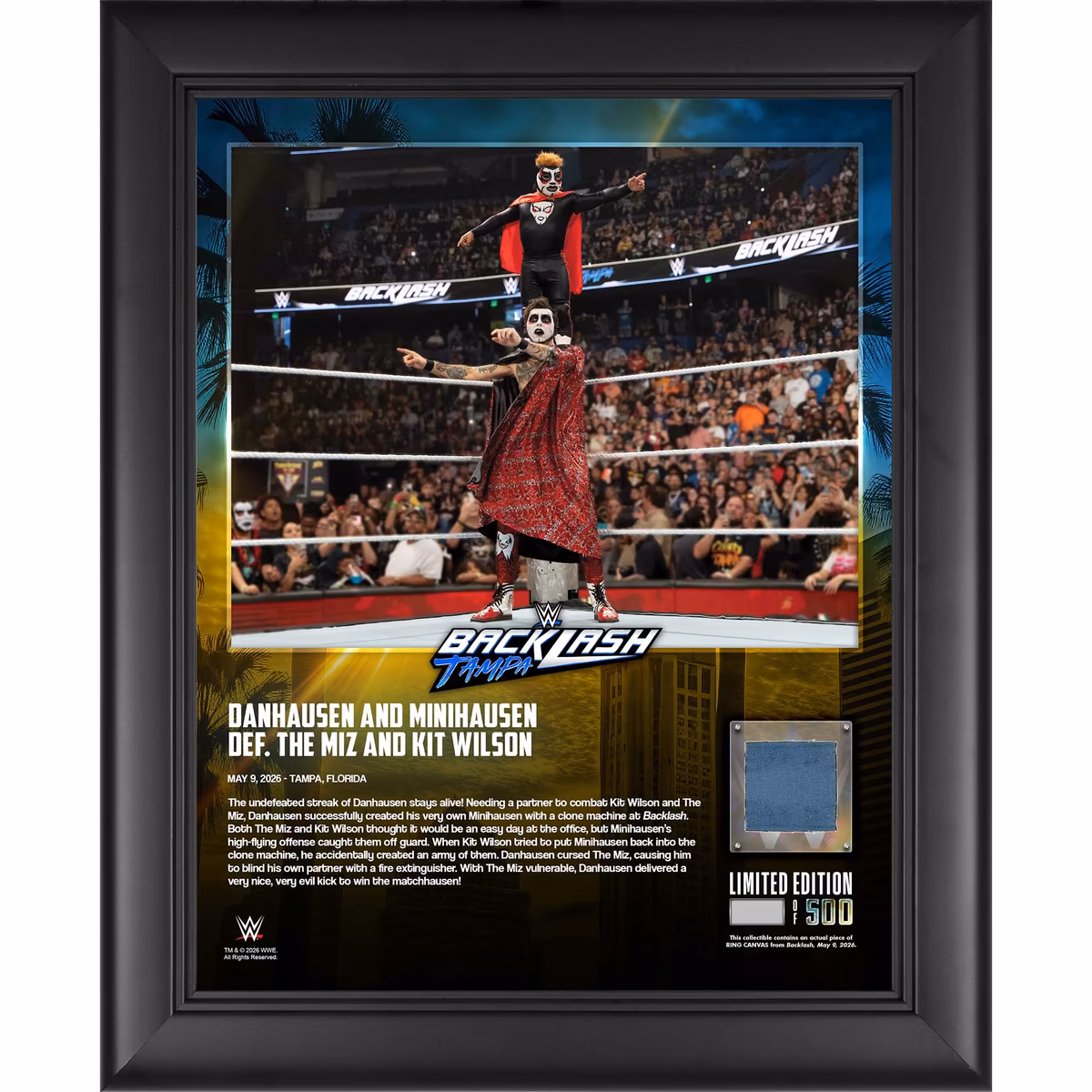 Danhausen & Minihausen WWE Framed 13" x 16" 2026 Backlash Collage with a Piece of Match-Used Canvas - Limited Edition of 500