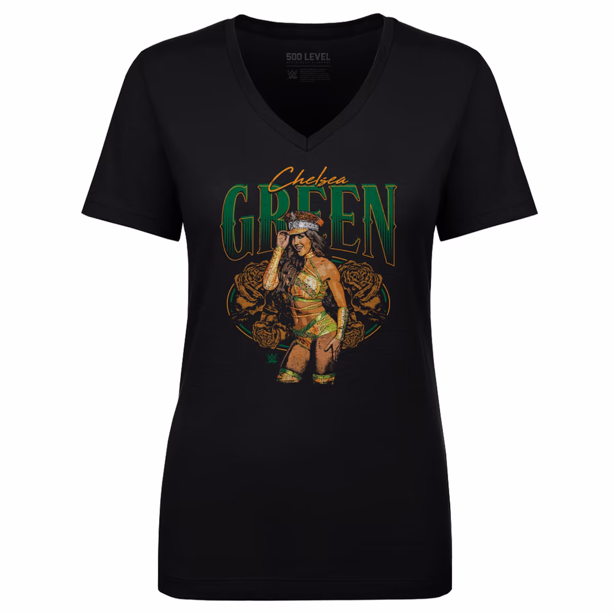 Women's 500 Level Black Chelsea Green Flowers V-Neck T-Shirt 1 Women's 500 Level Black Chelsea Green Flowers V-Neck T-Shirt