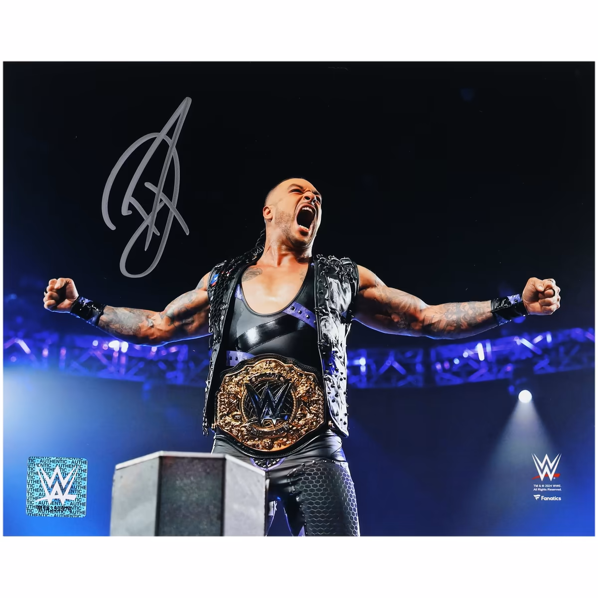 Damian Priest WWE Autographed 8" x 10" On Ropes Wearing Title Belt Photograph