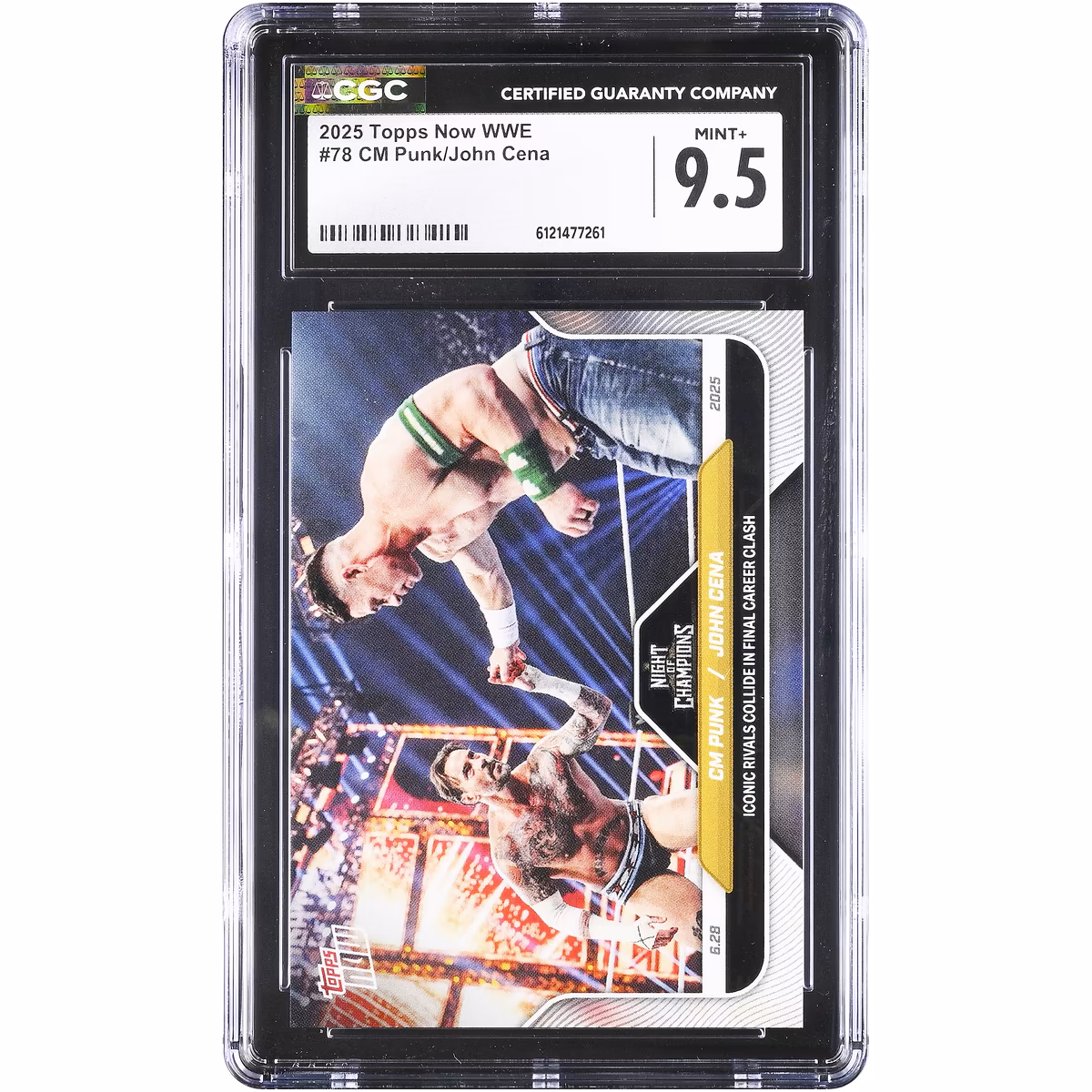 CM Punk and John Cena WWE 2025 Topps Now WWE Iconic Rivals Collide in Final Career Clash #78 CGC Authenticated 9.5 Card