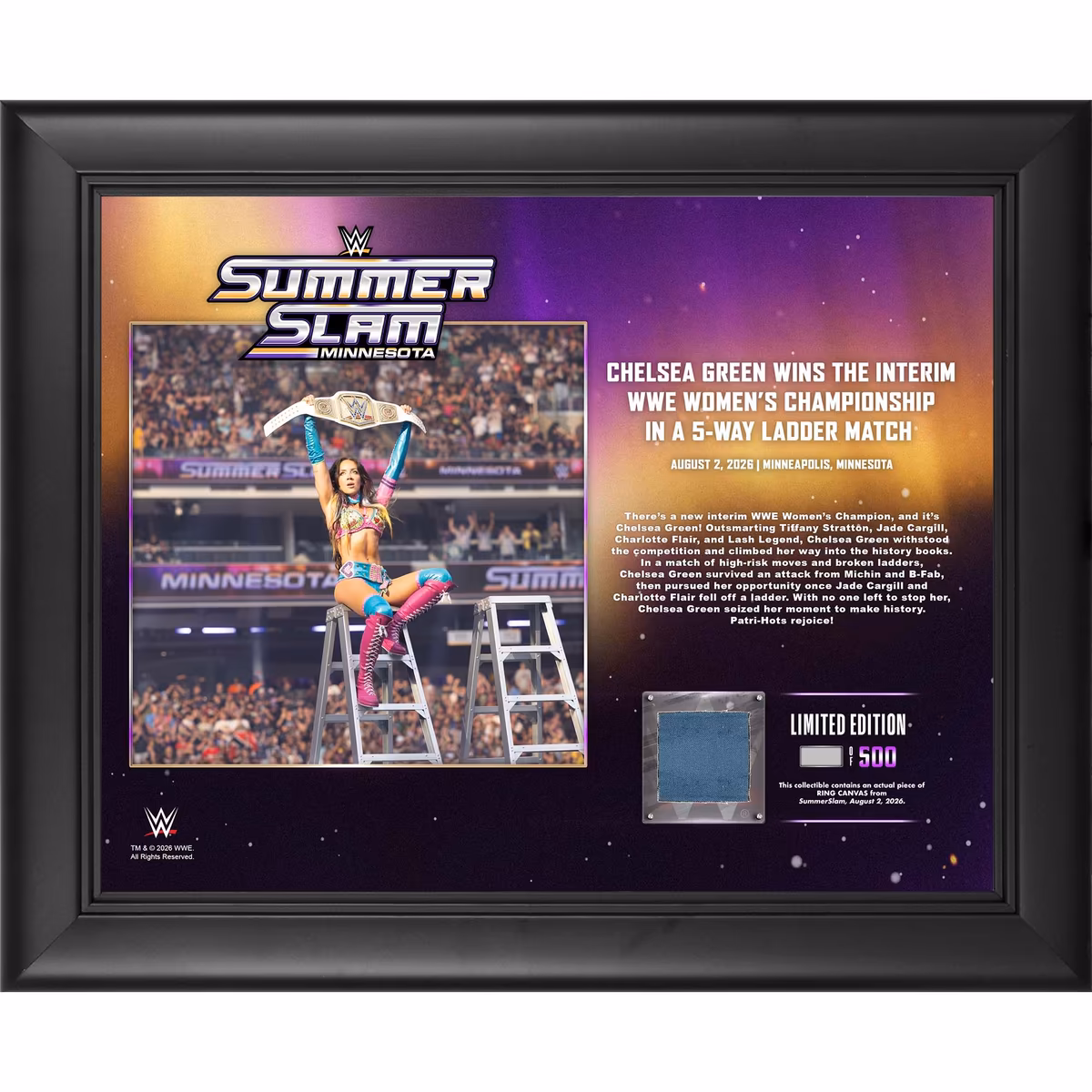 Chelsea Green WWE Framed 13" x 16" SummerSlam 2026 Night 2 Collage with a Piece of Match-Used Canvas - Limited Edition of 500 2 Chelsea Green WWE Framed 13" x 16" SummerSlam 2026 Night 2 Collage with a Piece of Match-Used Canvas - Limited Edition of 500