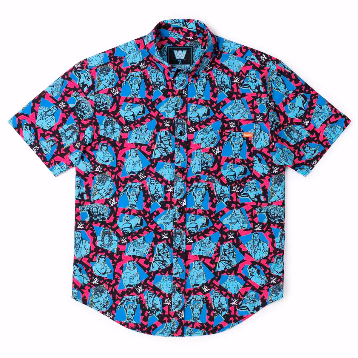 Men's RSVLTS Blue WWE 90's Style KUNUFLEX Button-Down Short Sleeve Shirt 8 Men's RSVLTS Blue WWE 90's Style KUNUFLEX Button-Down Short Sleeve Shirt