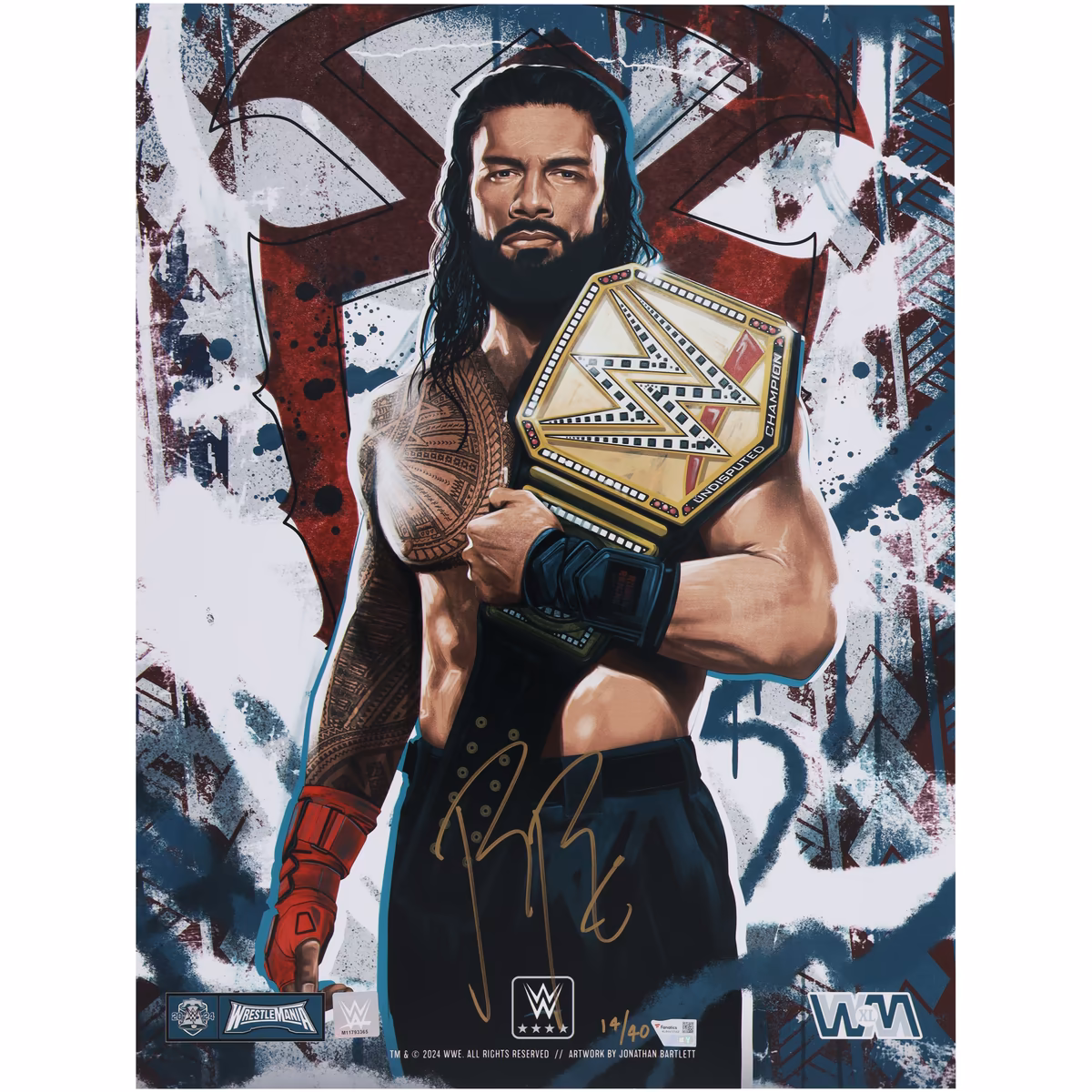 Roman Reigns WWE Autogrpahed WrestleMania 40 Philly Special Jonathan Bartlett Art Print - Limited Edition of 40 1 Roman Reigns WWE Autogrpahed WrestleMania 40 Philly Special Jonathan Bartlett Art Print - Limited Edition of 40