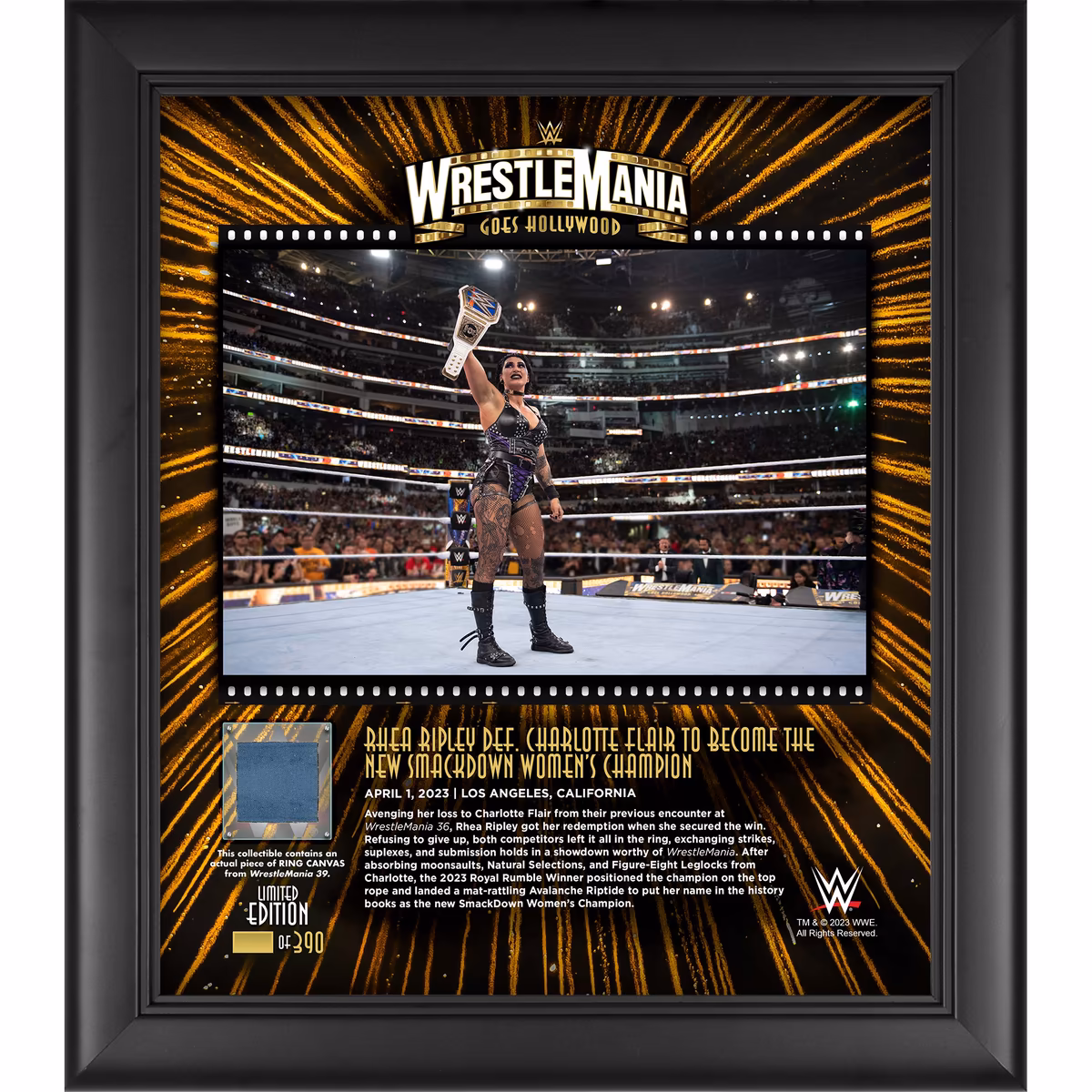 Rhea Ripley WWE Framed 15" x 17" 2023 WrestleMania 39 Night 1 Collage with a Piece of Match-Used Canvas - Limited Edition of 390 16 Rhea Ripley WWE Framed 15" x 17" 2023 WrestleMania 39 Night 1 Collage with a Piece of Match-Used Canvas - Limited Edition of 390