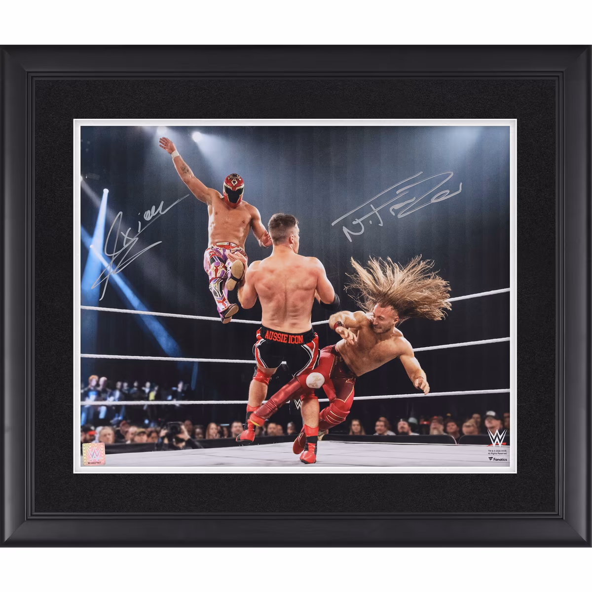 Axiom and Nathan Frazer Fraxiom WWE Autographed Framed 16" x 20" Top Rope Drop Kick Leg Sweep Photograph