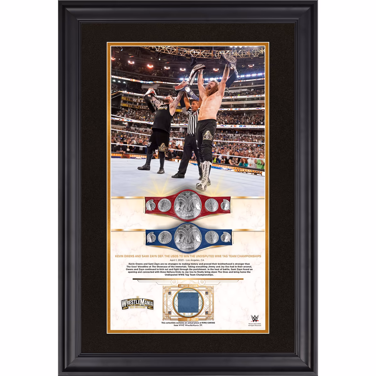 Kevin Owens and Sami Zayn WWE Framed Golden Moments 10" x 18" WrestleMania 39 Collage with a Piece of Match-Used Canvas - Limited Edition of 250 1 Kevin Owens and Sami Zayn WWE Framed Golden Moments 10" x 18" WrestleMania 39 Collage with a Piece of Match-Used Canvas - Limited Edition of 250