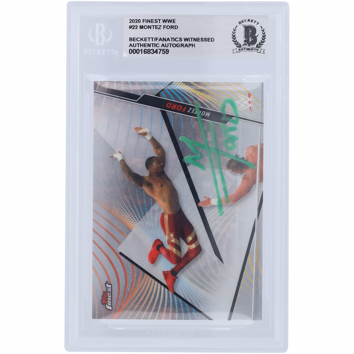 Montez Ford WWE Autographed 2020 Topps Finest Green Ink #22 Beckett Fanatics Witnessed Authenticated Card