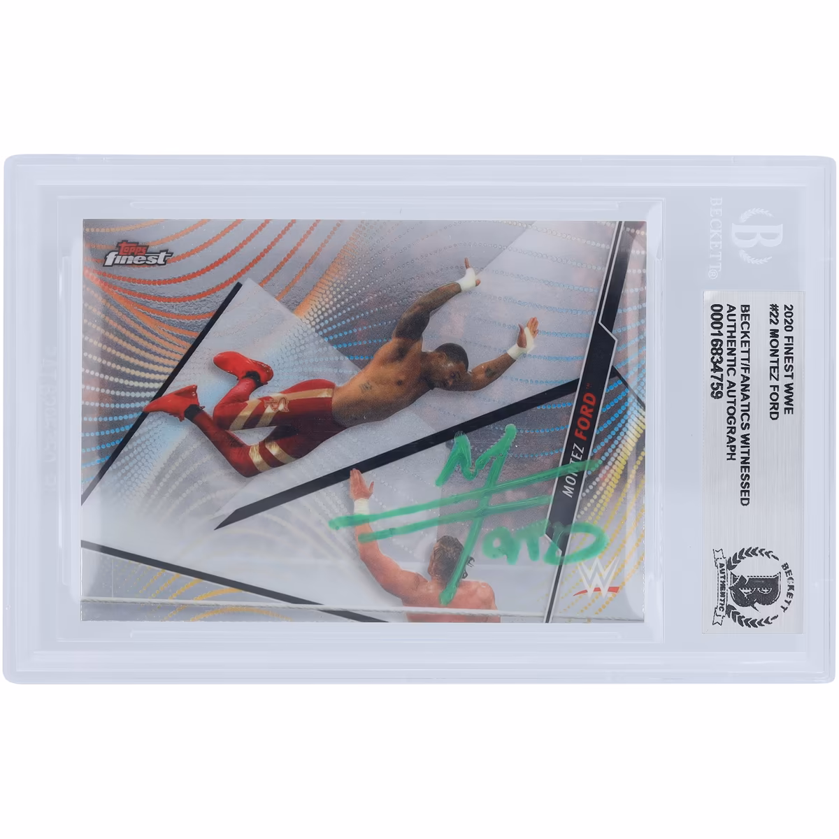 Montez Ford WWE Autographed 2020 Topps Finest Green Ink #22 Beckett Fanatics Witnessed Authenticated Card 4 Montez Ford WWE Autographed 2020 Topps Finest Green Ink #22 Beckett Fanatics Witnessed Authenticated Card