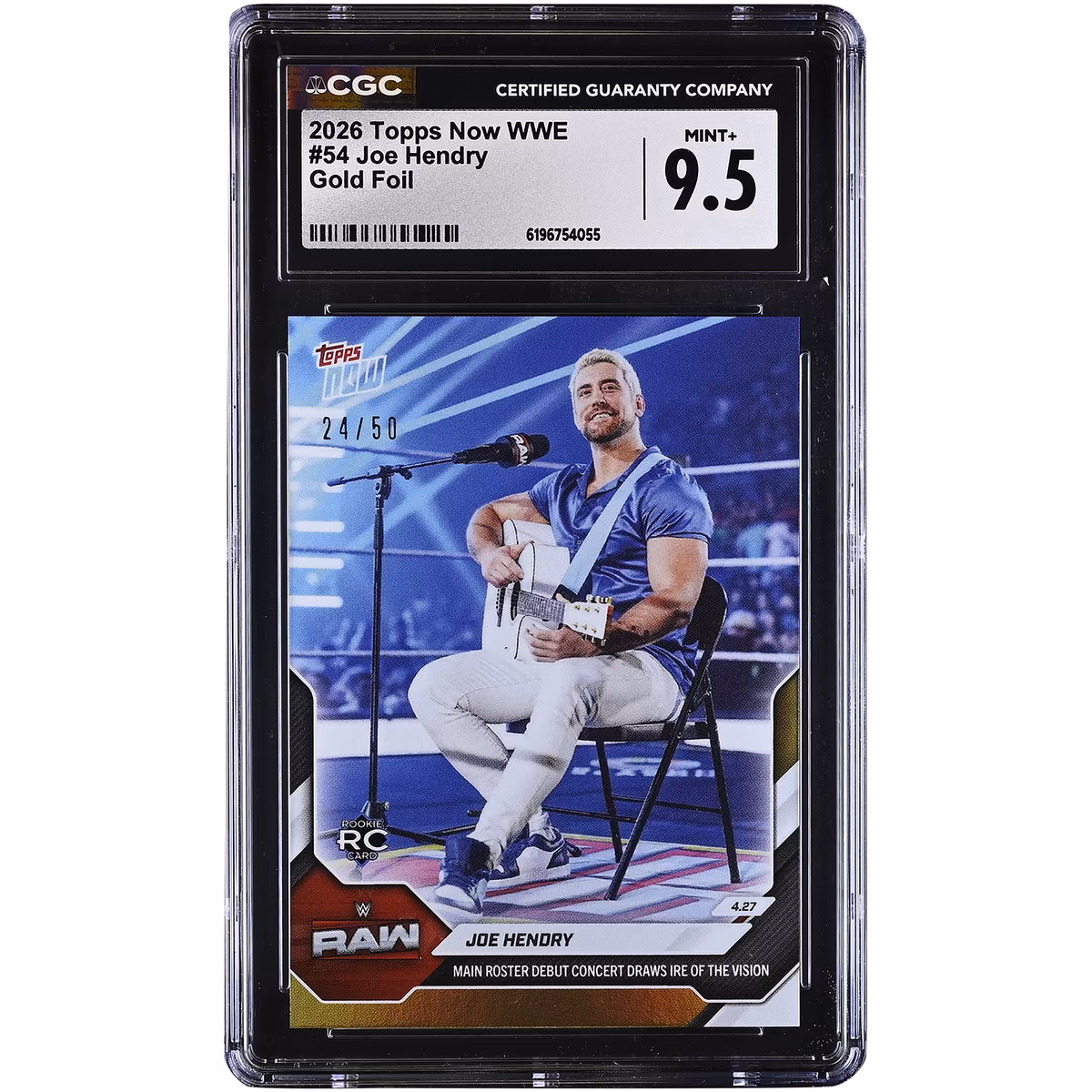 Joe Hendry WWE 2026 Topps Now Main Roster Debut Concert Draws Ire of the Vision Gold Foil #54 #/50 CGC Authenticated MINT+ 9.5 Rookie Card