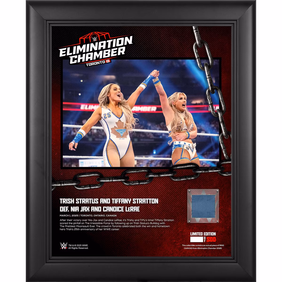 Tiffany Stratton & Trish Stratus WWE Framed 13" x 16" 2025 Elimination Chamber Collage with a Piece of Match-Used Canvas - Limited Edition of 500