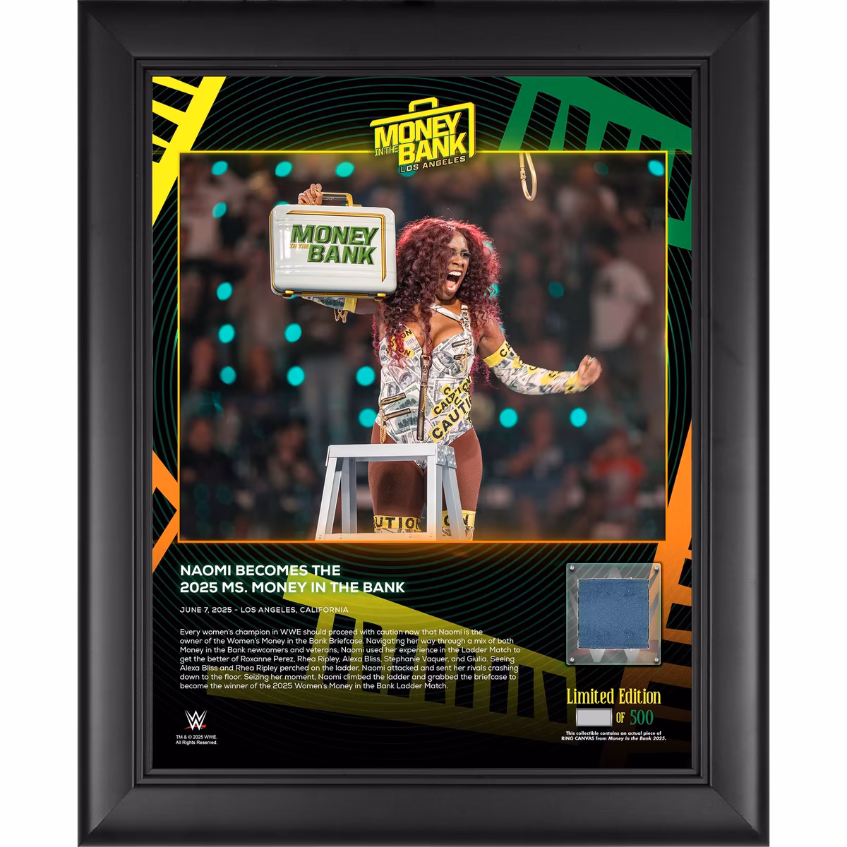 Naomi WWE Framed 13" x 16" 2025 Money In The Bank Collage with a Piece of Match-Used Canvas - Limited Edition of 500 7 Naomi WWE Framed 13" x 16" 2025 Money In The Bank Collage with a Piece of Match-Used Canvas - Limited Edition of 500