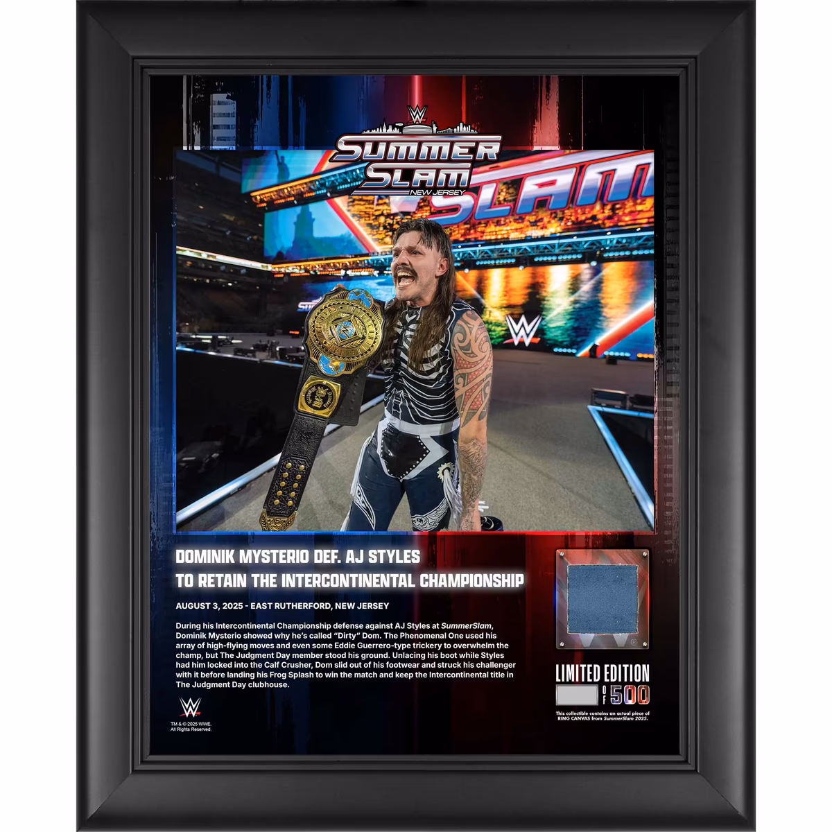 Dominik Mysterio WWE Framed 13" x 16" 2025 SummerSlam Night 2 Collage with a Piece of Match-Used Canvas - Limited Edition of 500 1 Dominik Mysterio WWE Framed 13" x 16" 2025 SummerSlam Night 2 Collage with a Piece of Match-Used Canvas - Limited Edition of 500