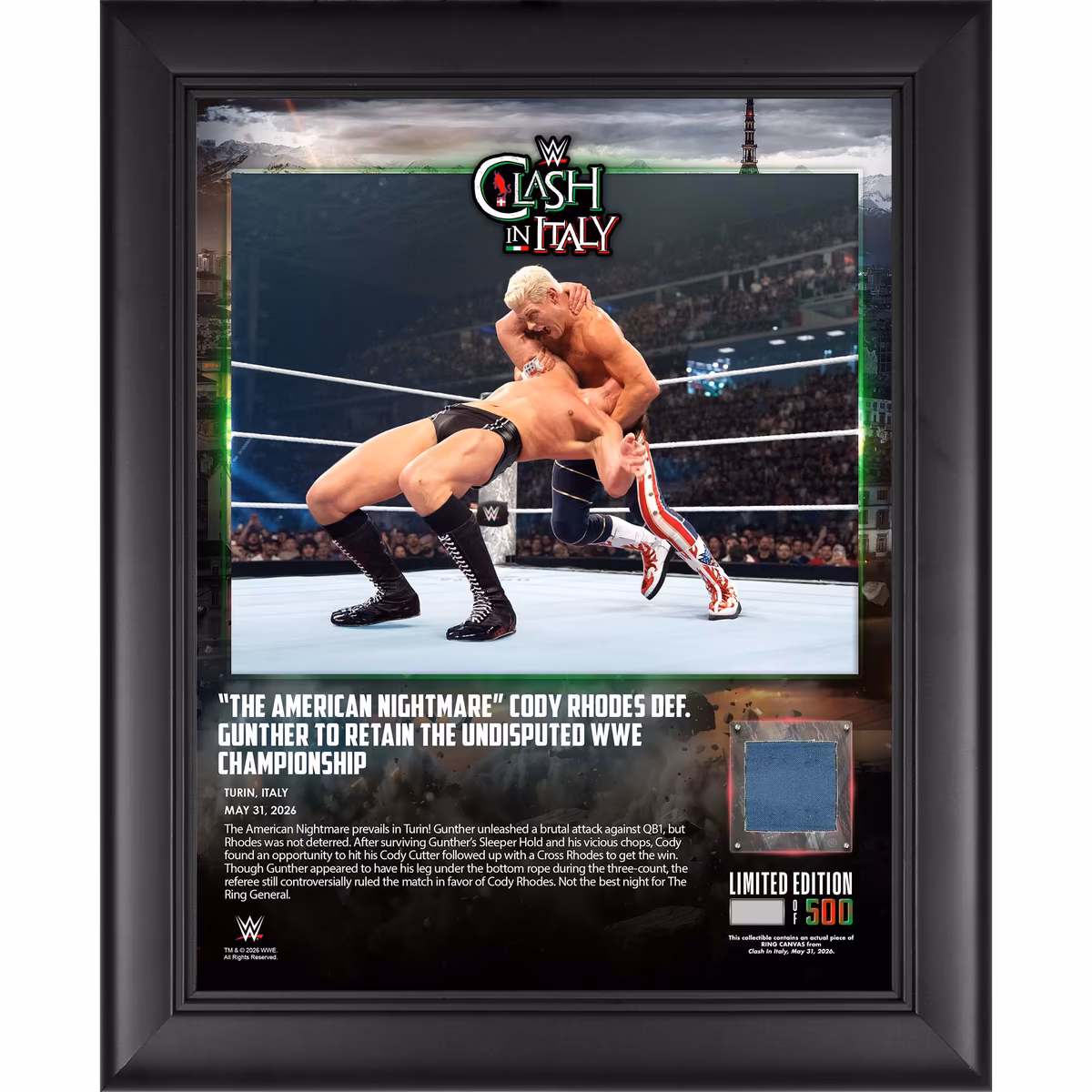 Cody Rhodes WWE Framed 13" x 16" Clash in Italy 2026 Collage with a Piece of Match-Used Canvas - Limited Edition of 500 2 Cody Rhodes WWE Framed 13" x 16" Clash in Italy 2026 Collage with a Piece of Match-Used Canvas - Limited Edition of 500