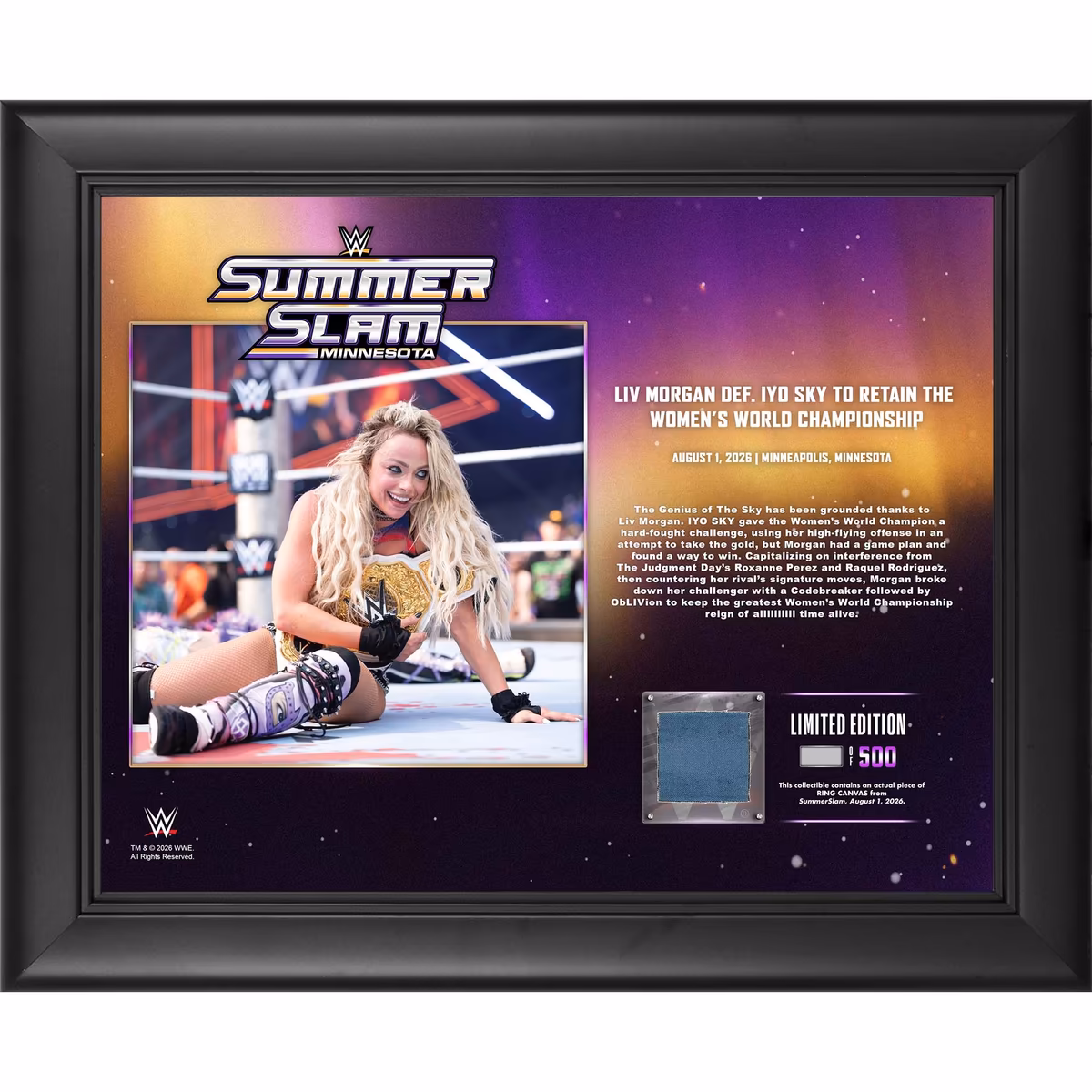 Liv Morgan WWE Framed 13" x 16" SummerSlam 2026 Night 1 Collage with a Piece of Match-Used Canvas - Limited Edition of 500 1 Liv Morgan WWE Framed 13" x 16" SummerSlam 2026 Night 1 Collage with a Piece of Match-Used Canvas - Limited Edition of 500