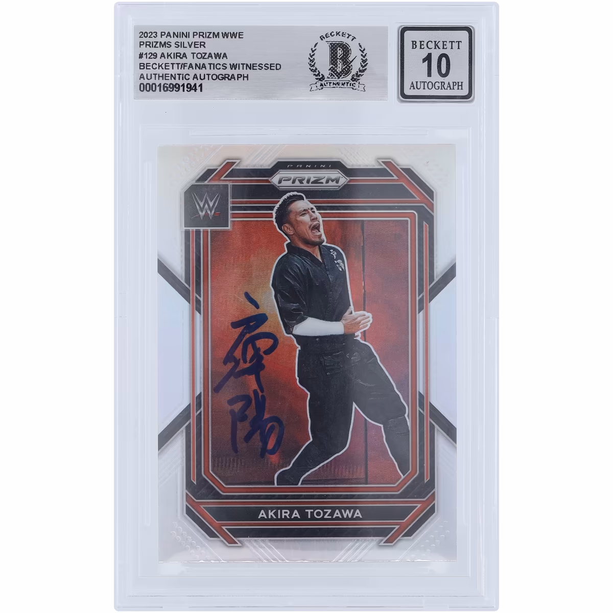 Akira Tozawa WWE Autographed 2023 Panini Prizm Silver Prizm #129 Beckett Fanatics Witnessed Authenticated 10 Card