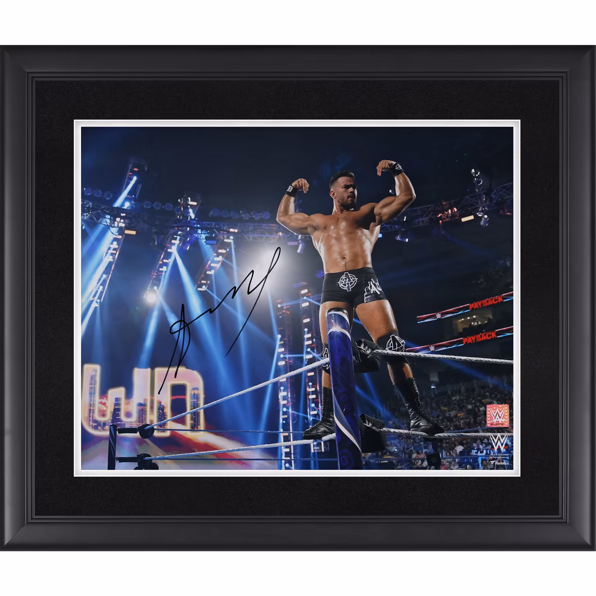 Austin Theory WWE Autographed Framed 16" x 20" On Ropes Flexing Photograph 1 Austin Theory WWE Autographed Framed 16" x 20" On Ropes Flexing Photograph