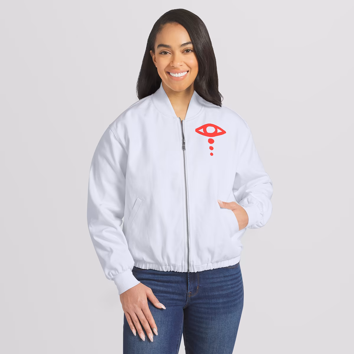 Women's WEAR by Erin Andrews White Liv Morgan Denim Full-Zip Bomber Jacket