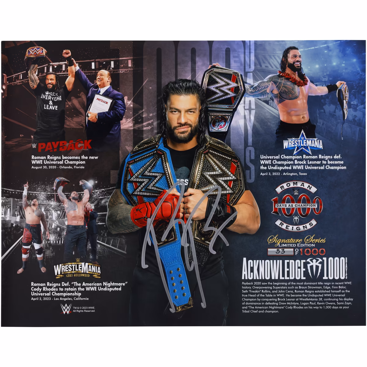 Roman Reigns WWE Autographed 11" x 14" 1,000 Days as Champion Photograph - Limited Edition of 1,000