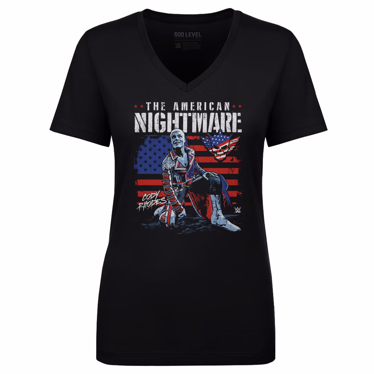 Women's 500 Level Black Cody Rhodes American Flag V-Neck T-Shirt 8 Women's 500 Level Black Cody Rhodes American Flag V-Neck T-Shirt