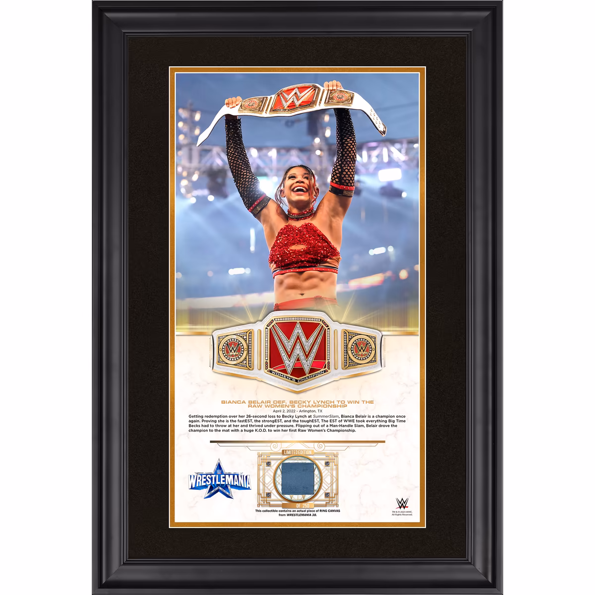 Bianca Belair WWE Framed Golden Moments 10" x 18" WrestleMania 38 Collage with a Piece of Match-Used Canvas - Limited Edition of 250 1 Bianca Belair WWE Framed Golden Moments 10" x 18" WrestleMania 38 Collage with a Piece of Match-Used Canvas - Limited Edition of 250