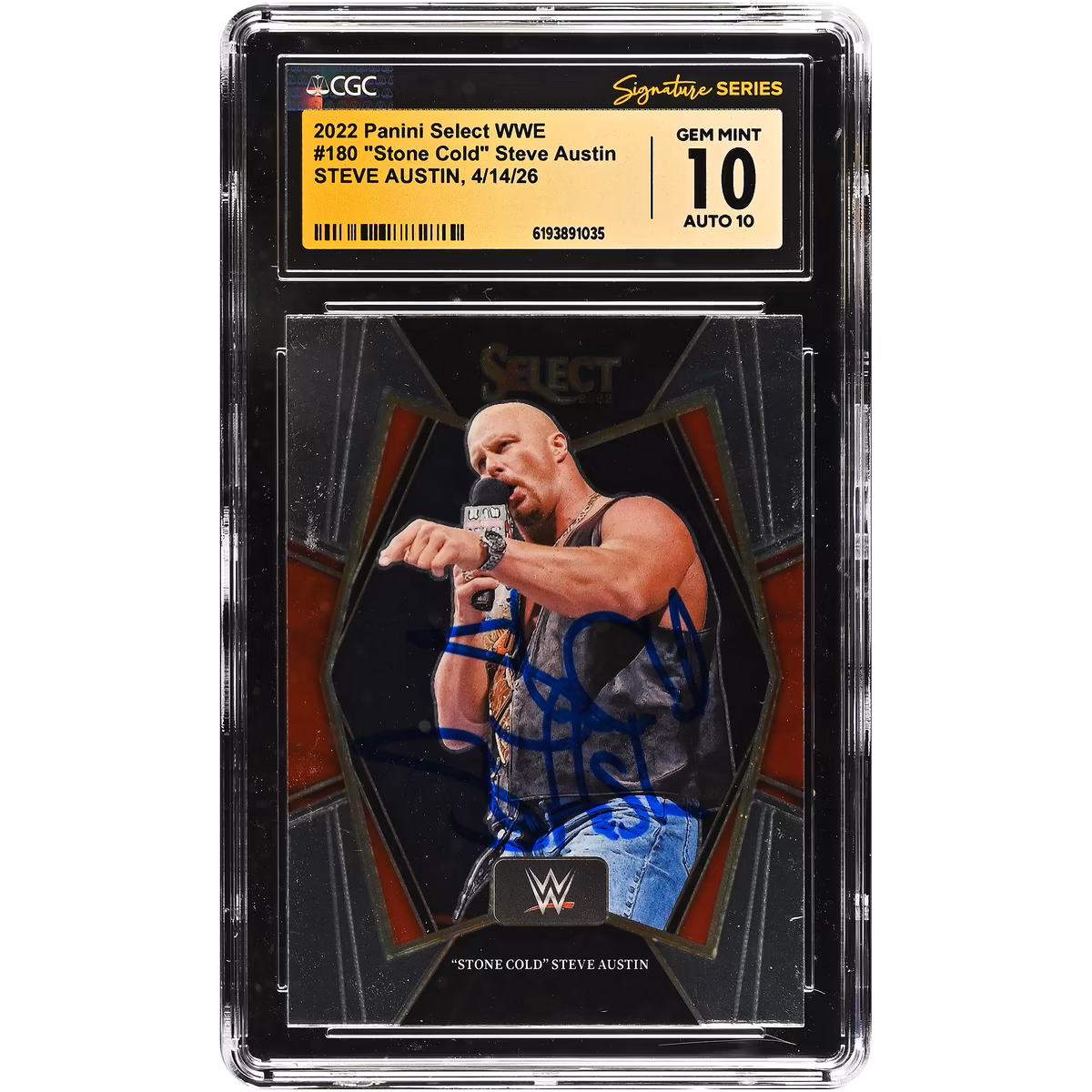 "Stone Cold" Steve Austin WWE Autographed 2022 Panini Select WWE #180 CGC Fanatics Witnessed Authenticated 10/10 Card 9 "Stone Cold" Steve Austin WWE Autographed 2022 Panini Select WWE #180 CGC Fanatics Witnessed Authenticated 10/10 Card