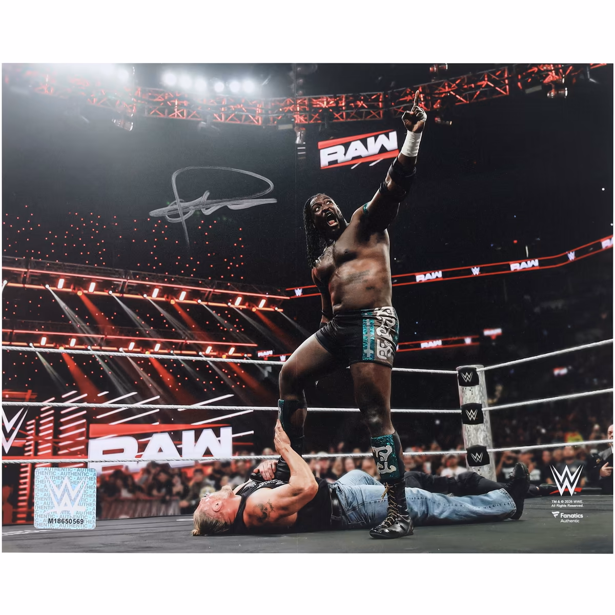 Oba Femi WWE Autographed 8" x 10" Standing Over Brock Lesnar Photograph