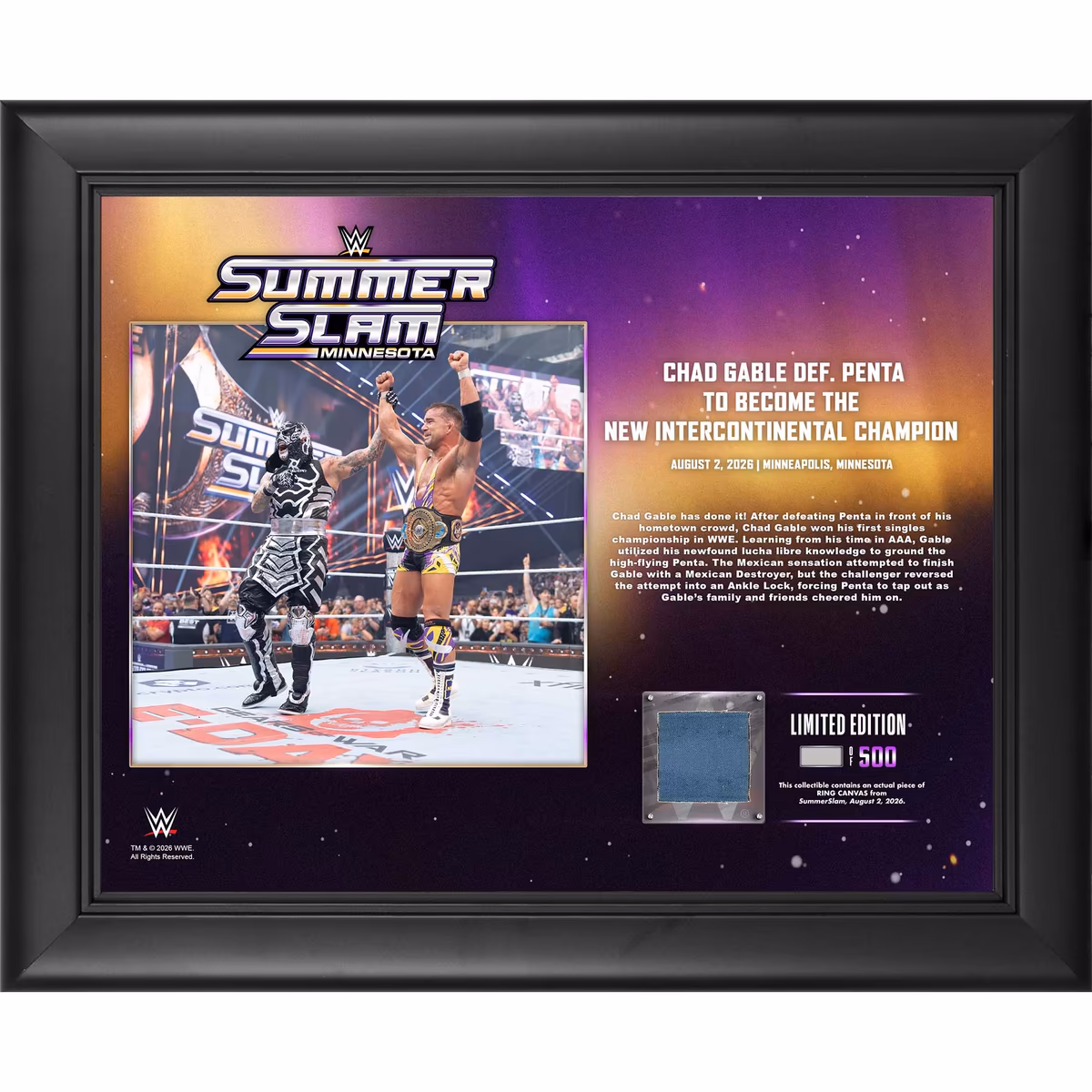 Chad Gable WWE Framed 13" x 16" SummerSlam 2026 Night 2 Collage with a Piece of Match-Used Canvas - Limited Edition of 500 3 Chad Gable WWE Framed 13" x 16" SummerSlam 2026 Night 2 Collage with a Piece of Match-Used Canvas - Limited Edition of 500