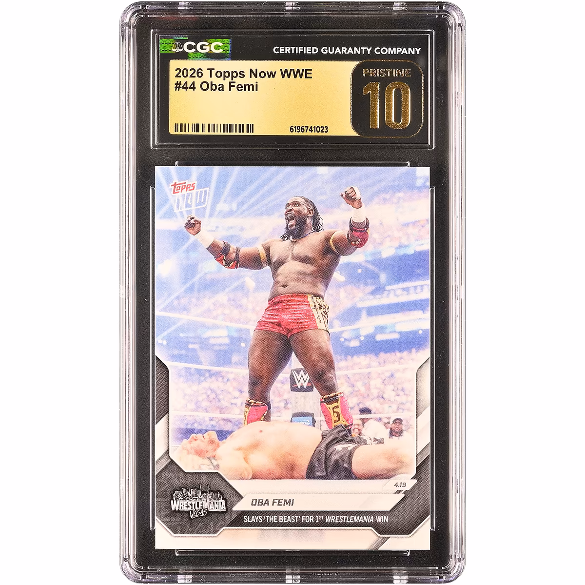 Oba Femi WWE 2026 Topps Now WWE Slays 'The Beast' For 1st WrestleMania Win #44 CGC Authenticated PRISTINE 10 Card 8 Oba Femi WWE 2026 Topps Now WWE Slays 'The Beast' For 1st WrestleMania Win #44 CGC Authenticated PRISTINE 10 Card