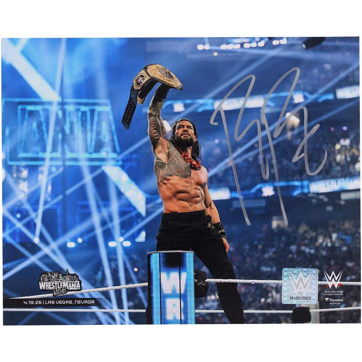 Roman Reigns WWE Autographed WrestleMania 42 Raising Title 8" x 10" Photograph