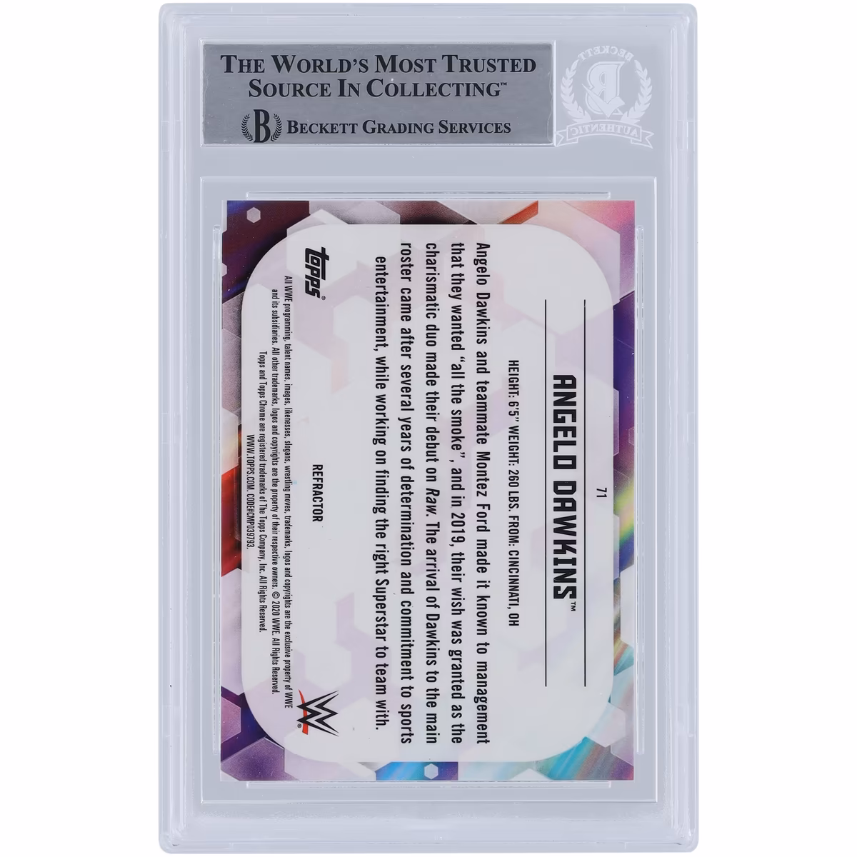 Angelo Dawkins WWE Autographed 2020 Topps Chrome Refractors #71 Beckett Fanatics Witnessed Authenticated Card 3 Angelo Dawkins WWE Autographed 2020 Topps Chrome Refractors #71 Beckett Fanatics Witnessed Authenticated Card