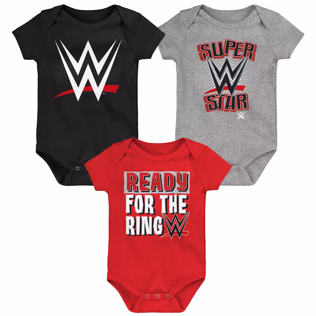 Newborn Red/Black WWE Three-Piece Bodysuit Set 2 Newborn Red/Black WWE Three-Piece Bodysuit Set